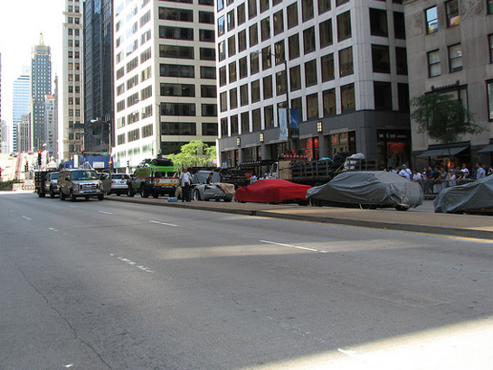 The Transformers cars were parked on Michigan Avenue and covered up to keep