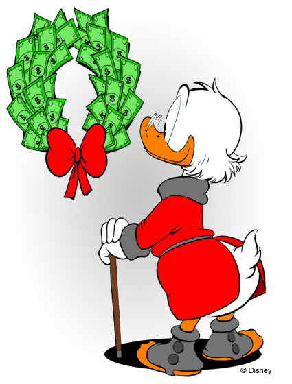 Uncle Scrooge with Christmas wreath made of money