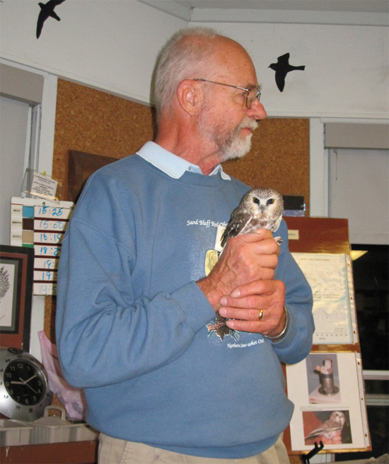 Sand Bluff Bird Observatory founder Lee Johnson with a Saw-whet Owl